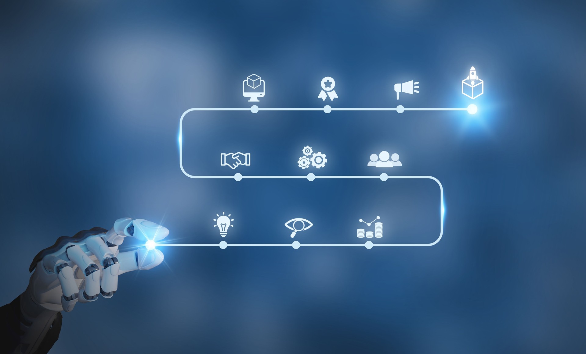 AI for innovative product development concept. Robotic hand interacting with a digital business workflow and roadmap interface. Business process, automation and technology driven decision making.
